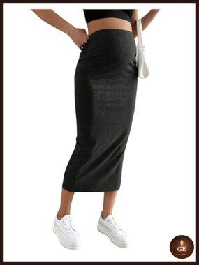 Maternity Adjustable Rib Knit High Waist Split Pencil Long Skirt